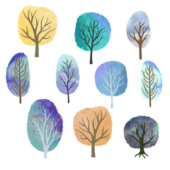 Set of abstract watercolor winter trees. Vector illustration.