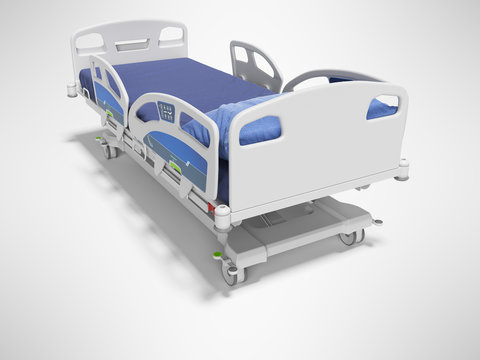 Modern hospital bed with lifting mechanism on the control panel 3d render on gray background with shadow
