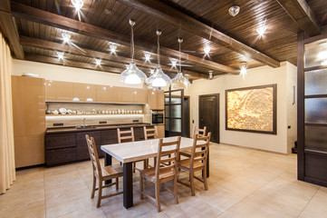 Russia, Moscow- May 29, 2019: interior room apartment. standard repair decoration in hostel. kitchen and dining room