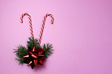 christmas decoration caramel cane with fir branches