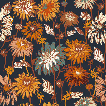 Hand drawn floral dallias modern watercolor style seamless patterrn on black background.