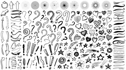 Question exclamation mark, underline and hearts, Star and Marker Brush, artistic lines and strokes. Collection of icons and signs Why. Hand drawn Doodle sketch. Abstract Chaotic grunge Elements.