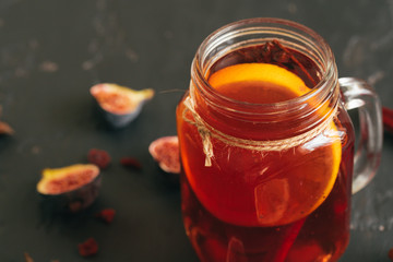 Beautiful composition with glint wine cup and ingridients on wooden table