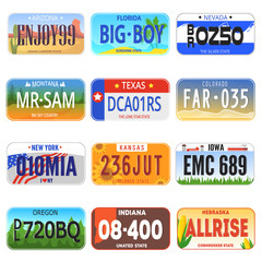 Car number vector numbered auto plate license registration symbol illustration transportation set of automobile metal transport vehicle sign isolated on white background