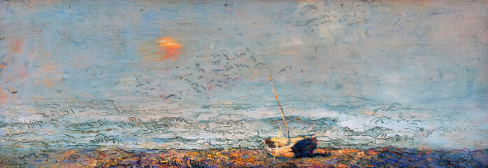 Fishing boat on the shore, artwork oil on canvas