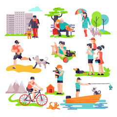 Dog-breeding vector people with pet and woman and man character of dog puppy illustration set of family playing with doggie animal isolated on white background