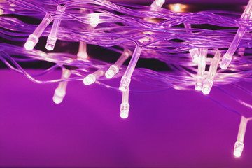 Illuminated garland lights on bright pink background