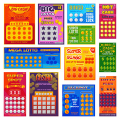Lottery ticket vector lucky bingo card win chance lotto game jackpot ticketing set illustration lottery gaming tickets isolated on white background