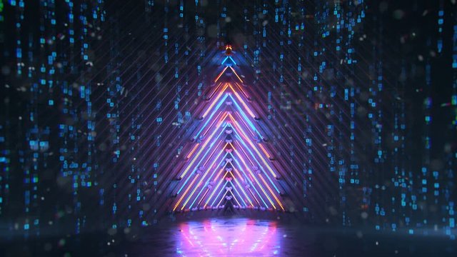 Neon christmas tree with digital glitch effect. Futuristic cyberpunk design. Seamless loop 3D render animation with DOF