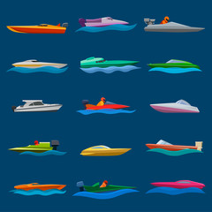Boat vector speed motorboat yacht traveling in ocean illustration nautical set of summer vacation on motorized boat speedboat vessel transportation by sea waves isolated on background