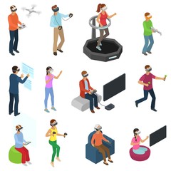 Fototapeta premium Virtual reality vector people in vr character gamer with vr glasses and person playing in virtually game illustration isometric set of man woman gaming in gadget isolated on white background