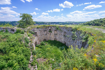 Fototapeta na wymiar Tower of castle located on hill in Terebovlia city, Ukraine