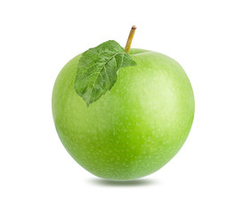 Green apple with leaf isolated on white background with clipping path