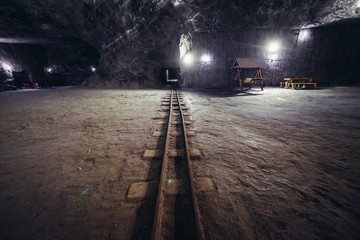 Naklejka premium Old tracks in Cacica Salt Mine in Romania