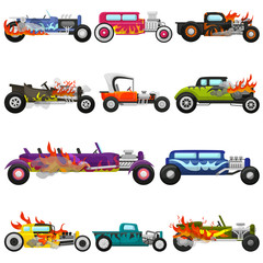 Hot rods car vector muscle racing speedcar on a track and retro race auto driving on rally sport event formula automobile illustration set of fast speed vehicle with fire isolated on white background