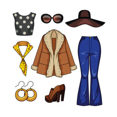 Color vector realistic illustration of women's fashion clothes in the style of the 70s. Set of vintage clothes and accessories for a girl isolated from white background. Clothing for autumn