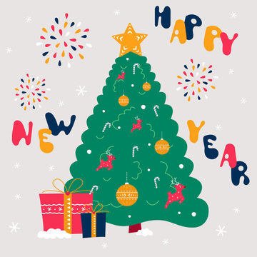Christmas tree decorated with toys. Happy New Year and Merry Christmas illustrations. Doodle holiday card