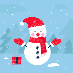 Holiday postcard with snowman. Happy New Year and Merry Christmas illustrations. Doodle holiday card