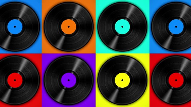 Spinning vinyl discs on simple colors background. Seamless looping footage.