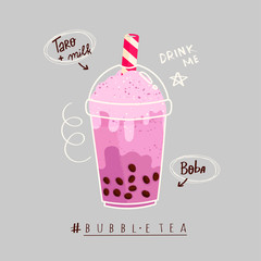 Taro Bubble tea. Milk tea with tapioca pearls. Boba tea. Asian Taiwanese drink. Hand drawn colored trendy vector illustration with text. Cartoon style. Flat design. Beverage recipe