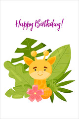 Cute Cartoon Teenager Giraffe with tropical leaves for birthday card template. Vector illustration on white backround
