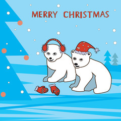 Two vector bear cub in a hat and mittens with sit under the Christmas tree waiting for gifts