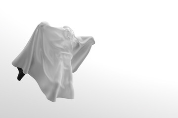 Fototapeta premium Flying White Ghost boy figure covered with a blanket sheet on White Background. Halloween 3d illustration