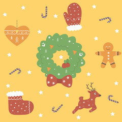 Yellow christmas pattern with holiday icons. Happy New Year and Merry Christmas illustrations. Doodle holiday collection with icons
