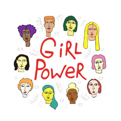 Girl power phrases with illustration of women face. Feminist poster.