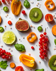 Raw healthy food collage - set of fruits and vegetables on white background