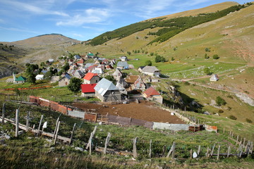 General view of Lukomir village, surrounded by  Bjelasnica mountains. Lukomir is Bosnia's highest village at 1469 meters and the most remote in the entire country, Bosnia and Herzegovina