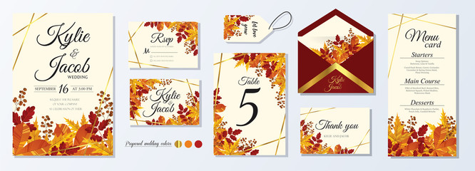 Wedding Invitation, menu, rsvp, label, table number, envelope. Leafy design autumn foliage collection. oak, maple, chestnut and ash. Decorative frame print. Vector elegant cute rustic greeting, invite