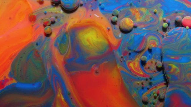 Abstract Pattern Chemical Reaction Texture Liquid Paint Motion Bubble In Water Color Blue. Colorful Bubbles In Beautiful Universe Multicolor. Space Universe, Fantastic Hypnotic Surface. Closeup.