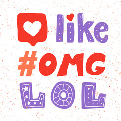 Like, omg, hashtag, lol, heart. Sticker collection for social media content. Vector hand drawn illustration design. 