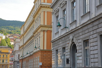 Fototapeta na wymiar Austro-Hungarian architecture, located along Gimnazijska street, with colorful buildings and carvings, Sarajevo, Bosnia and Herzegovina