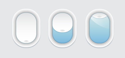Three airplane windows inside view. Vector porthole with transparent glass. Aircraft open and closed window template isolated.