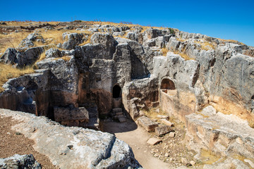 Fototapeta premium Aerial view of Pirin Ruins. Perre antik kenti, a small town of Commagene Kingdom later an important local center of the Roman Empire. Small town and necropolis. Adiyaman. Turkey