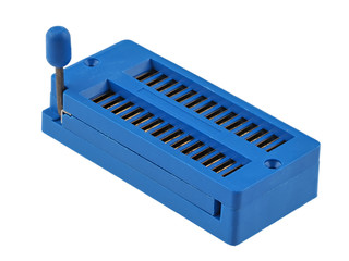 Blue colored Zero Insertion Force (ZIF) socket for 28-pin Dual-in-line integrated circuits,...