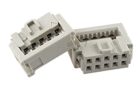 10-pin, 2.54mm IDC connector for ribbon cable, isolated on white