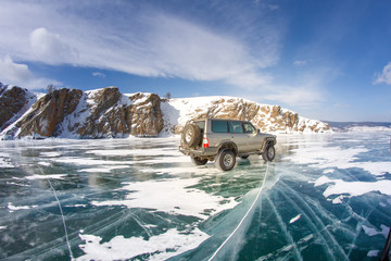 Jeep go through ice of Lake Baikal
