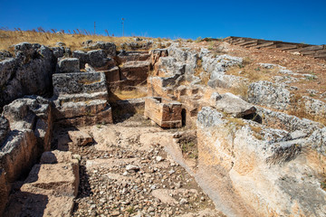 Obraz premium Aerial view of Pirin Ruins. Perre antik kenti, a small town of Commagene Kingdom later an important local center of the Roman Empire. Small town and necropolis. Adiyaman. Turkey