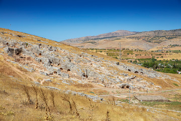 Aerial view of Pirin Ruins. Perre antik kenti, a small town of Commagene Kingdom later an important local center of the Roman Empire. Small town and necropolis. Adiyaman. Turkey