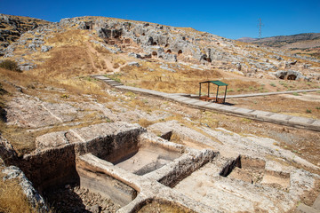 Aerial view of Pirin Ruins. Perre antik kenti, a small town of Commagene Kingdom later an important local center of the Roman Empire. Small town and necropolis. Adiyaman. Turkey