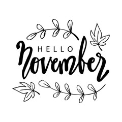Hello November hand lettering. Poster, postcard, greeting card.