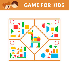 Education logic game for preschool kids. Connect the details and animals of geometric shapes.  Preschool worksheet activity. Children funny riddle entertainment. Vector illustration