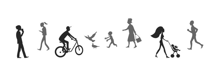 People walking street. Black and gray vector silhouettes. 