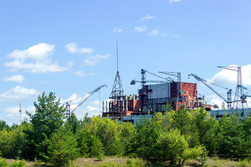 Chernobyl sarcophagus over the 4th reactor, Ukraine. Chernobyl nuclear power plant.