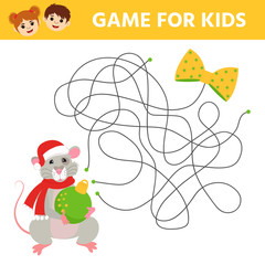 Educational game for kids. Maze. Learning  for preschool childre. Cartoon mouse and bows. Printable worksheet. Vector Illustration