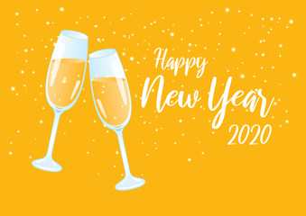 Happy New Year 2020 with champagne vector. Glasses of champagne vector. New Year toast vector. Festive starry background. Shiny golden background. Two glasses of champagne
