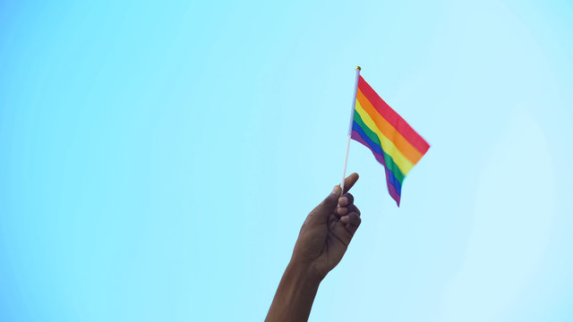 Mixed-race person hand holding flag of lgbtiq minority flag, pride, activism